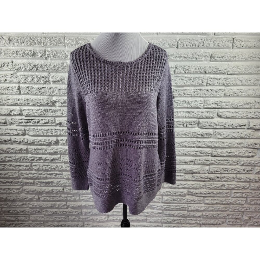 Chicos Womens Sweater XL Lavender Purple Open Knit Crew Neck Pullover SWE156E